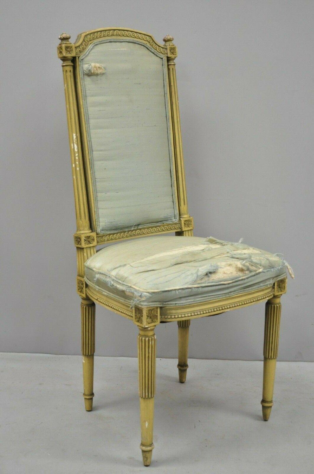 French Louis XVI Cream Distress Painted Tall Back Dining Side Accent Chair 5