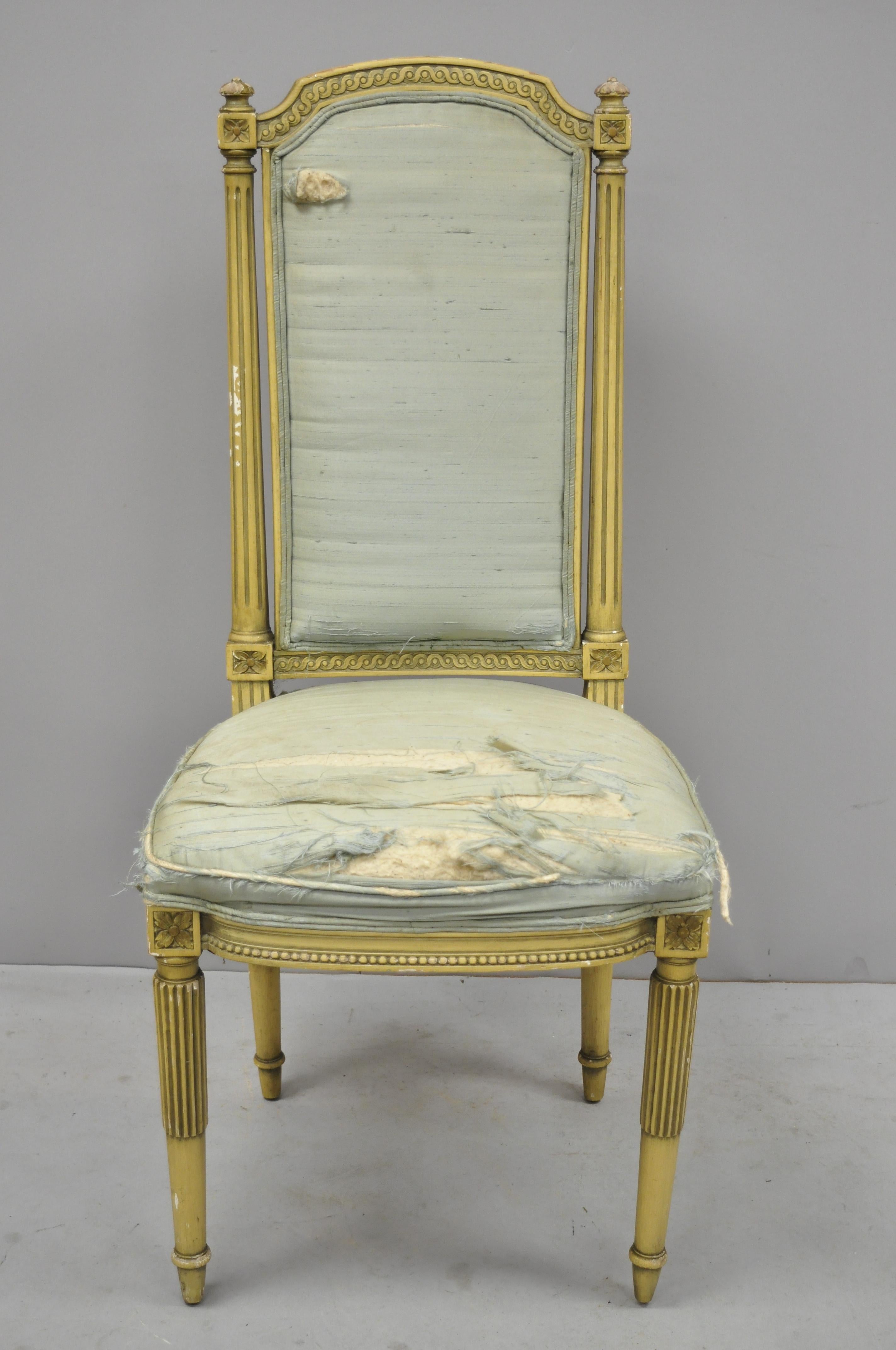Vintage French Louis XVI cream distress painted tall back dining side accent chair. Item features solid wood frame, distressed finish, nicely carved details, tapered legs, great style and form, circa early to mid-20th century. Measurements: 43
