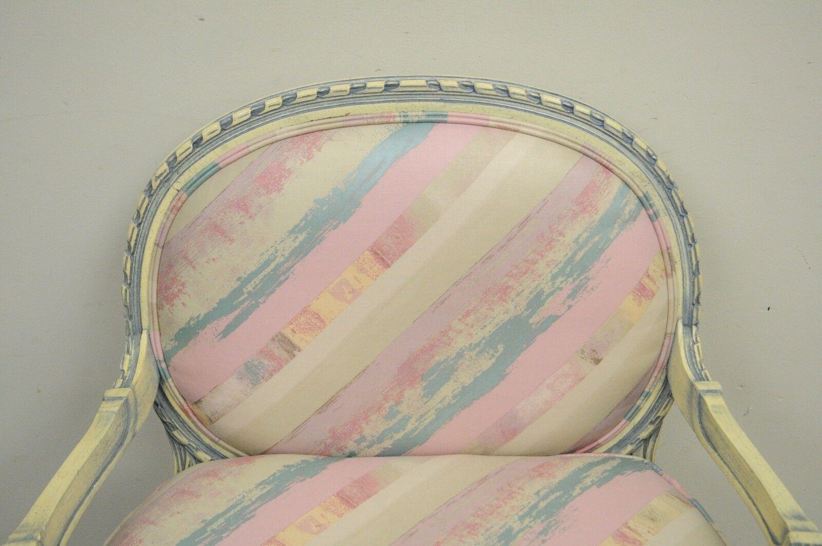 Vtg French Louis XVI Style Pink Blue Carved Bergere Boudoir Lounge Arm Chair For Sale 5