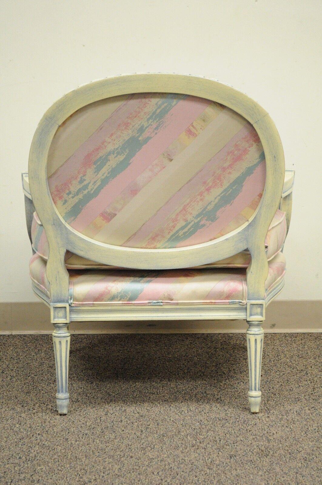 Vtg French Louis XVI Style Pink Blue Carved Bergere Boudoir Lounge Arm Chair For Sale 6