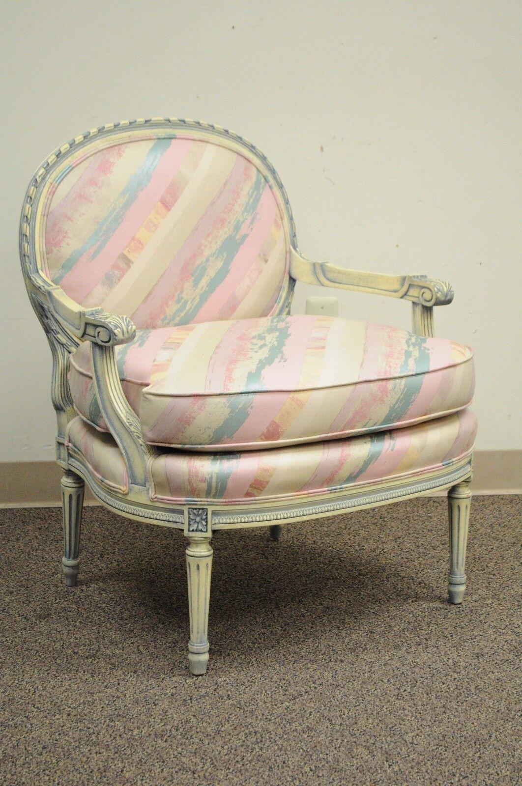 Vtg French Louis XVI Style Pink Blue Carved Bergere Boudoir Lounge Arm Chair For Sale 7