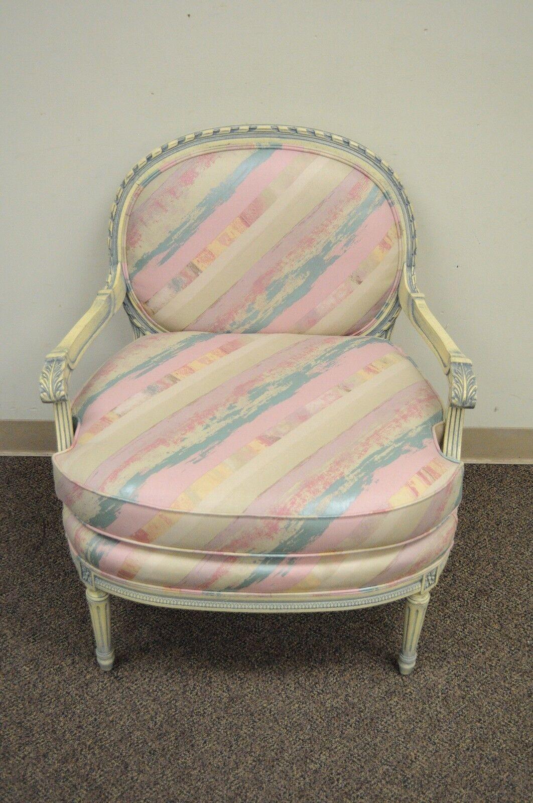 20th Century Vtg French Louis XVI Style Pink Blue Carved Bergere Boudoir Lounge Arm Chair For Sale