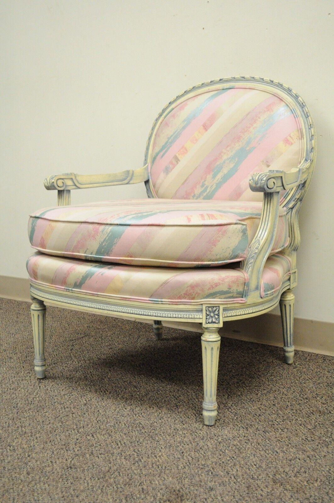 Fabric Vtg French Louis XVI Style Pink Blue Carved Bergere Boudoir Lounge Arm Chair For Sale