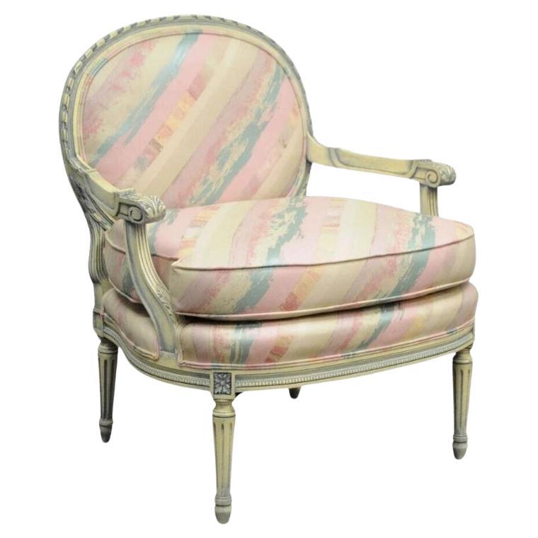 Vtg French Louis XVI Style Pink Blue Carved Bergere Boudoir Lounge Arm Chair For Sale