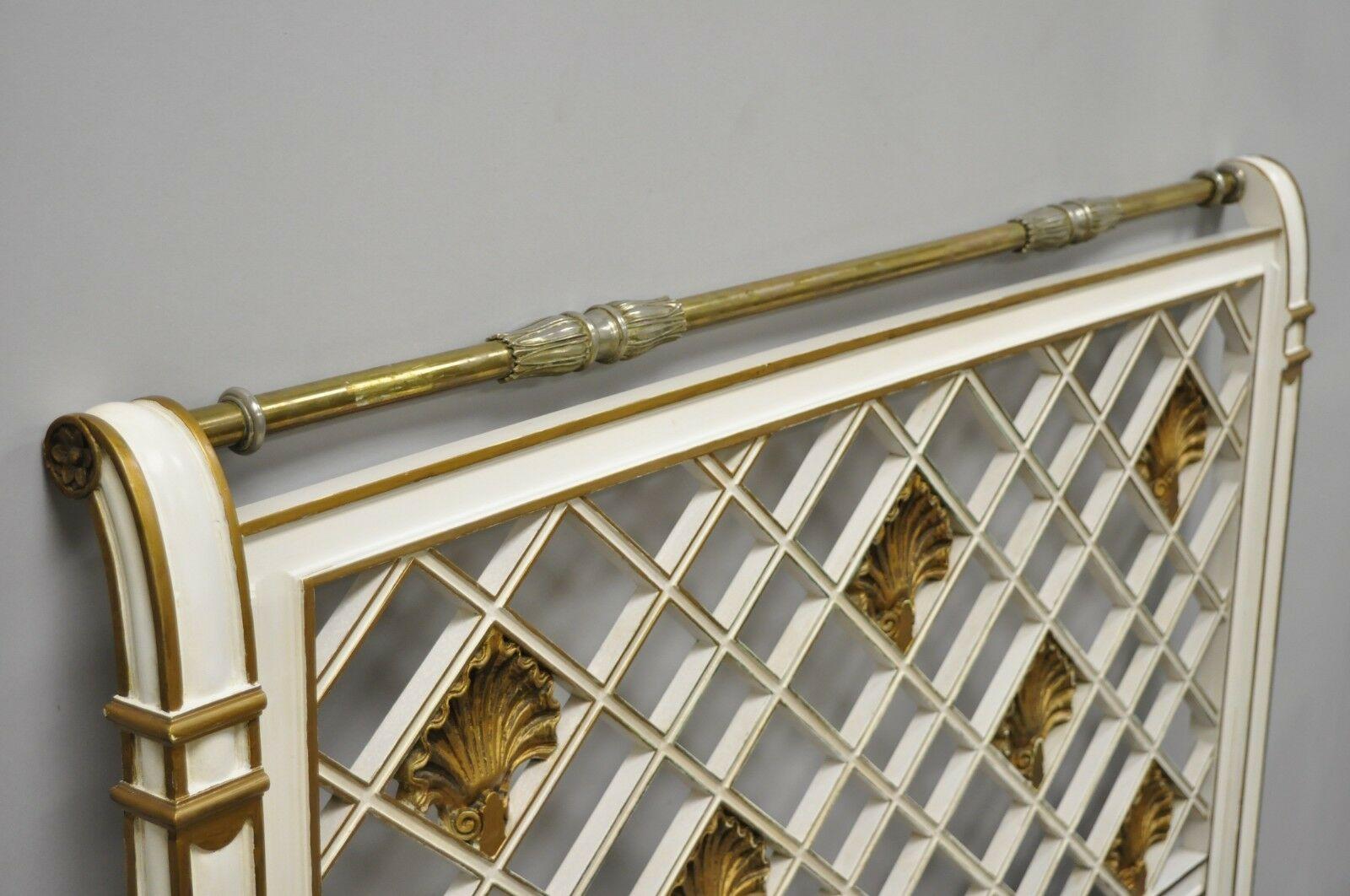Vintage French neoclassical style Italian shell carve lattice queen size bed headboard. Item features carved wood shells, brass rail, lattice design, white and gold painted finish, great style and form, circa 1950. Measurements: 49.5