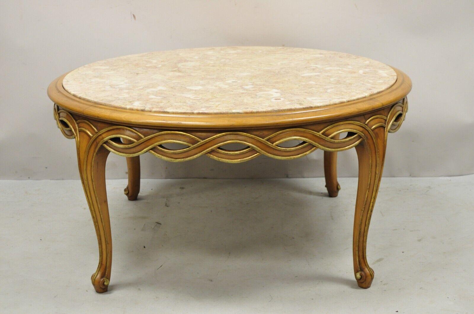 Vtg French Provincial Hollywood Regency Pretzel Skirt Marble Top Coffee Table 3