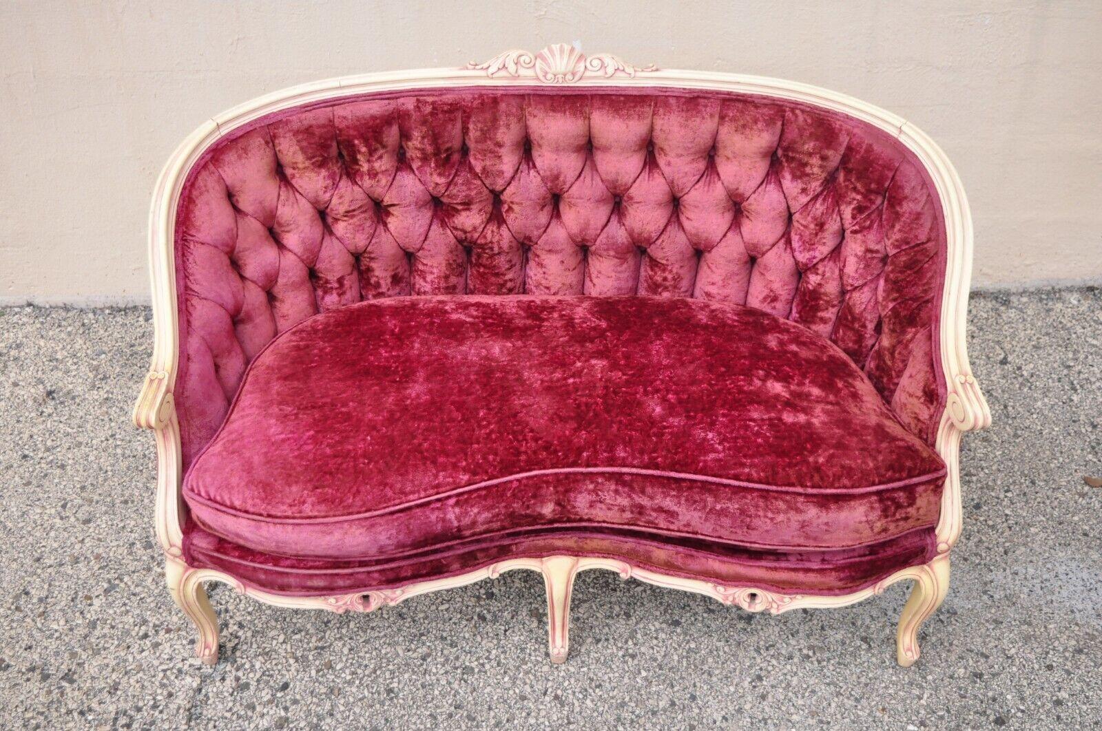 20th Century Vtg French Provincial Louis XV Style Beige Settee Loveseat Sofa w/ Pink Accents