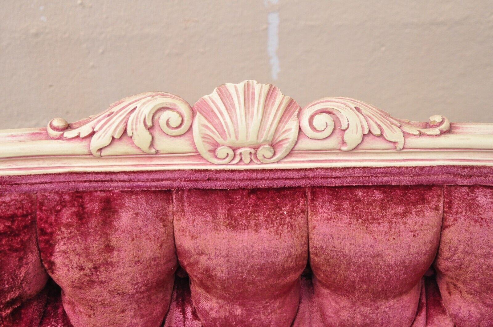 Wood Vtg French Provincial Louis XV Style Beige Settee Loveseat Sofa w/ Pink Accents