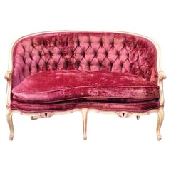 Retro Vtg French Provincial Louis XV Style Beige Settee Loveseat Sofa w/ Pink Accents