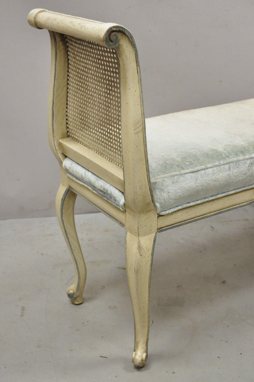 Caning Vtg French Provincial Style Cream Painted Cane Cabriole Leg Window Bench w/ Arms