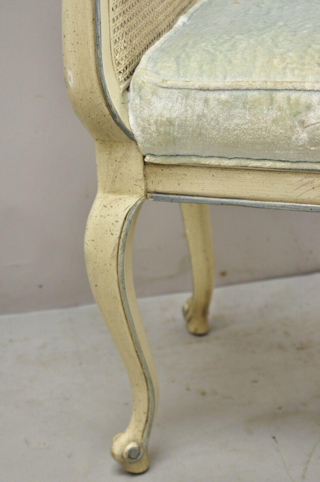 Wood Vtg French Provincial Style Cream Painted Cane Cabriole Leg Window Bench w/ Arms
