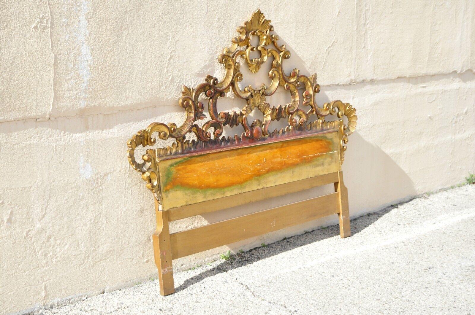 Vintage French Rococo Italian Hollywood Regency gold gilt wood queen sz headboard. Item featured is Queen size, gold gilt distressed finish, ornate leafy scrollwork, very nice vintage item, great style and form. Circa early 20th century.