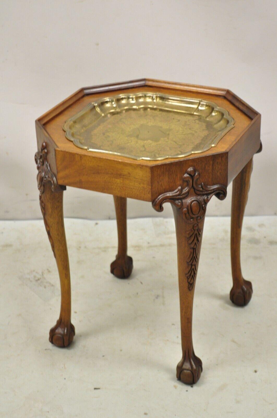 Vtg Georgian Style Carved Ball and Claw Small Side Table Brass Seiden Tray Top 6