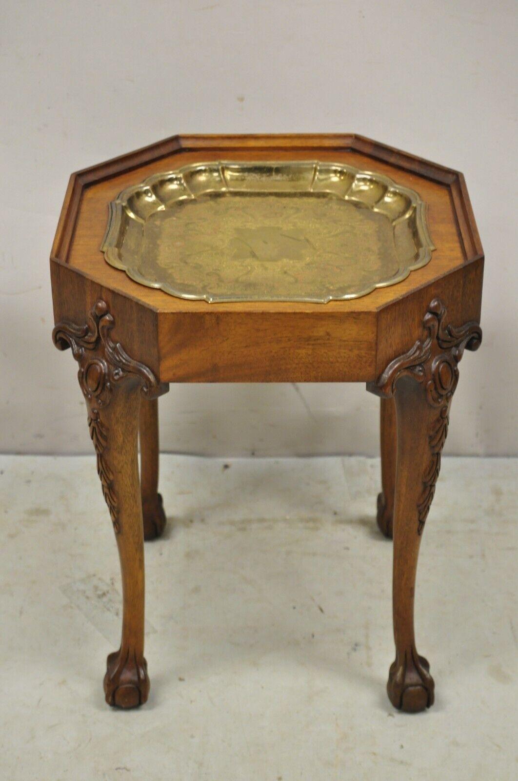 Vtg Georgian Style Carved Ball and Claw Small Side Table Brass Seiden Tray Top 8