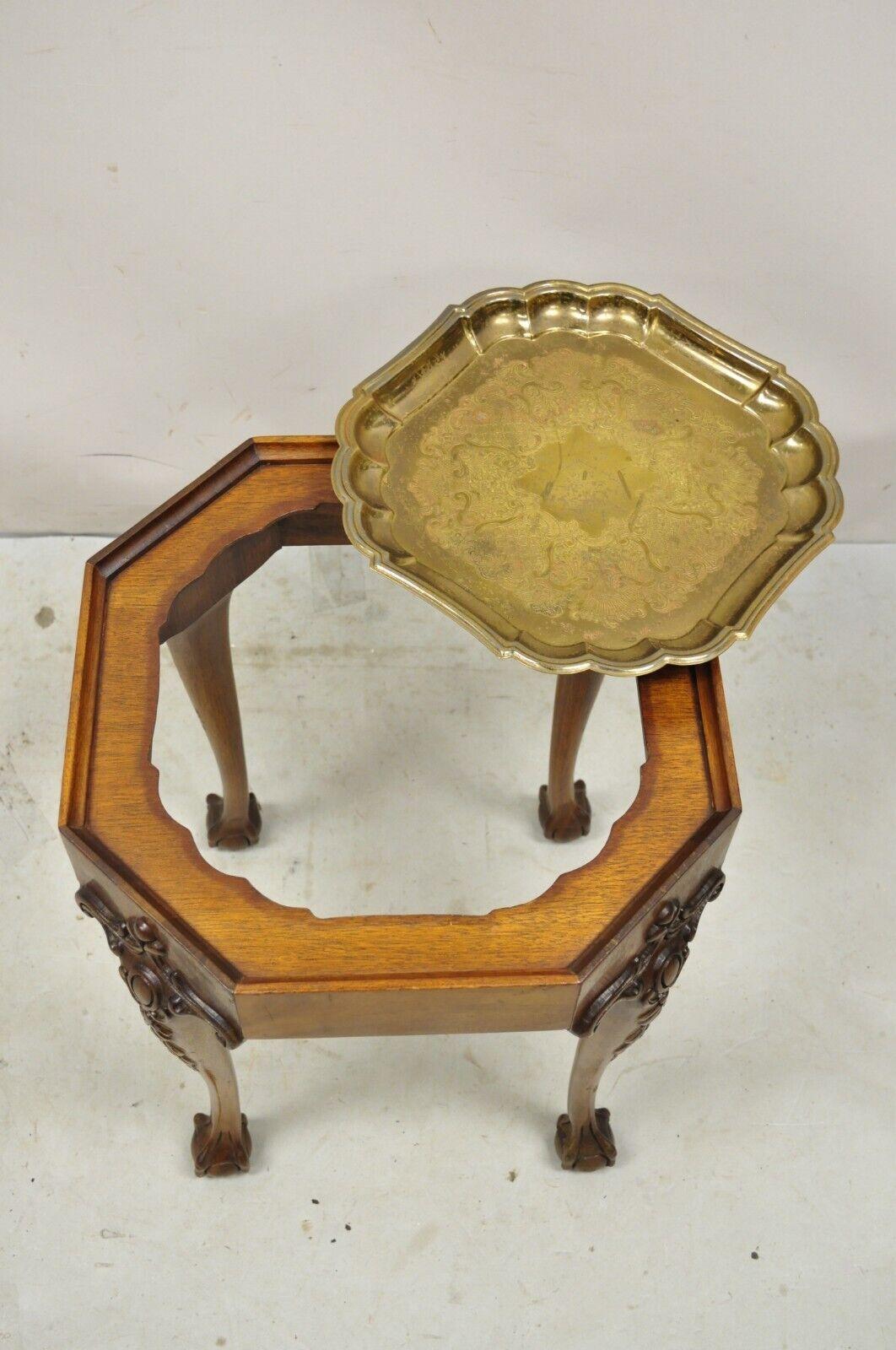 20th Century Vtg Georgian Style Carved Ball and Claw Small Side Table Brass Seiden Tray Top