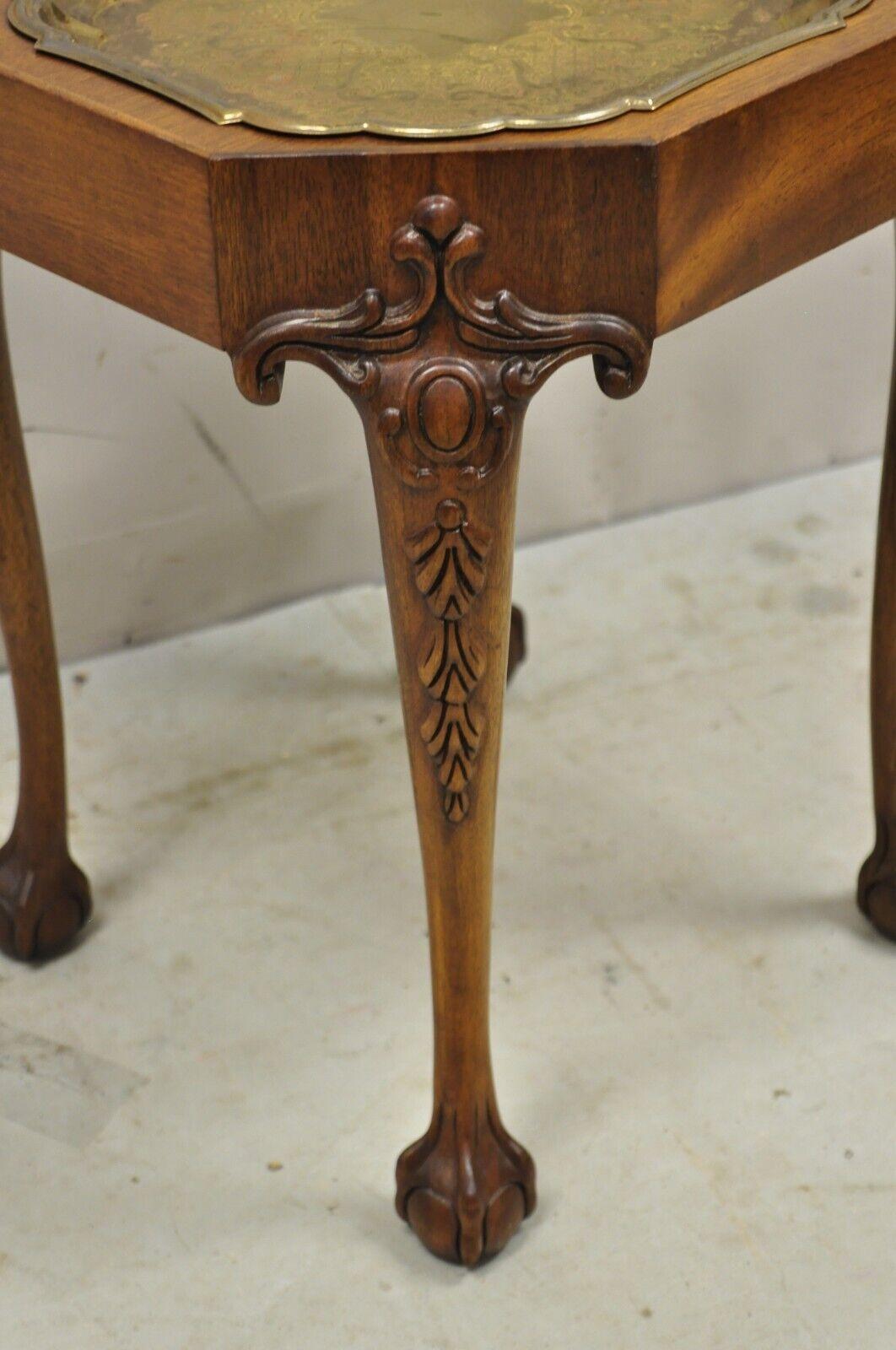 Vtg Georgian Style Carved Ball and Claw Small Side Table Brass Seiden Tray Top 1