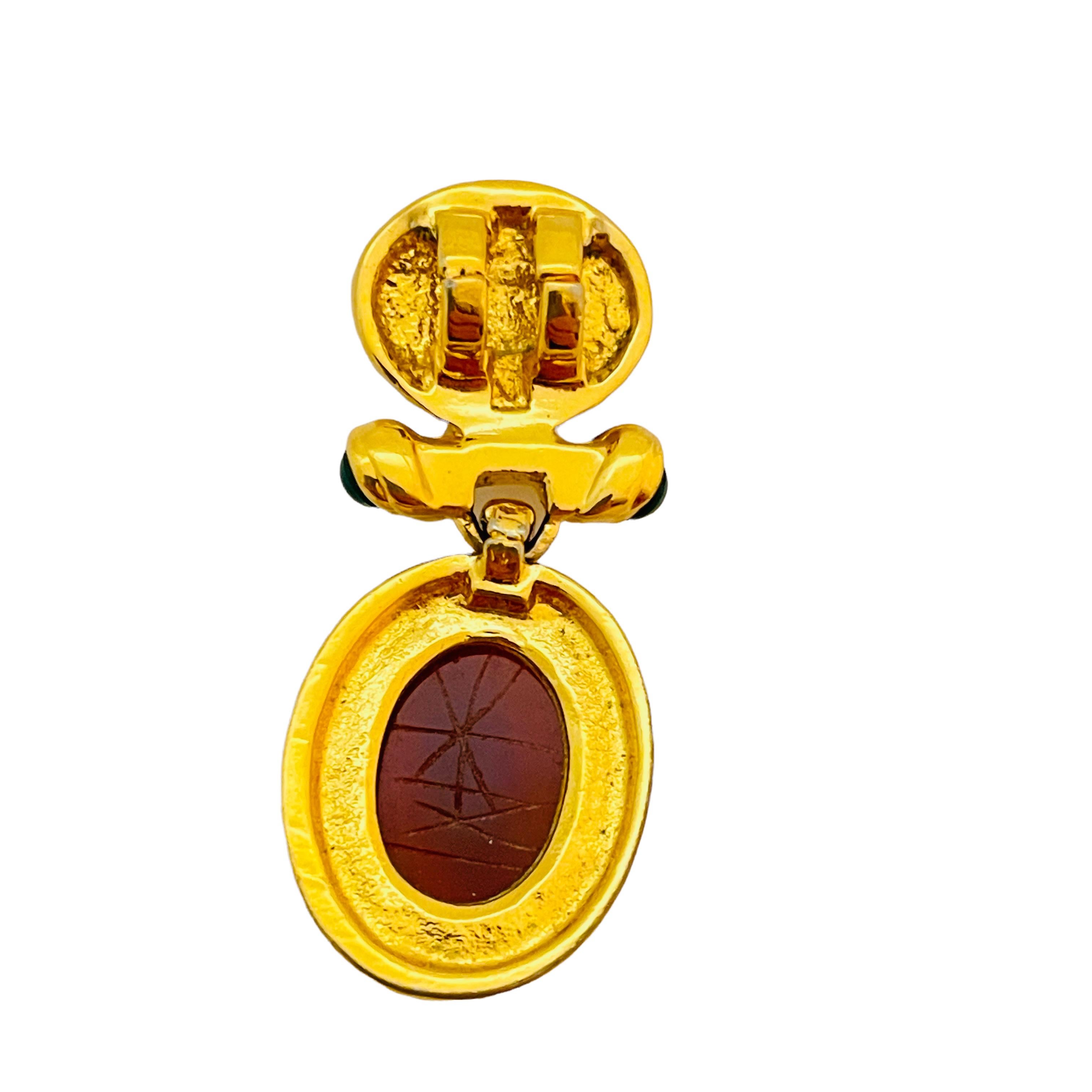 Vtg GIVENCHY gold scarab glass cabochon pendant necklace designer runway In Good Condition For Sale In Palos Hills, IL