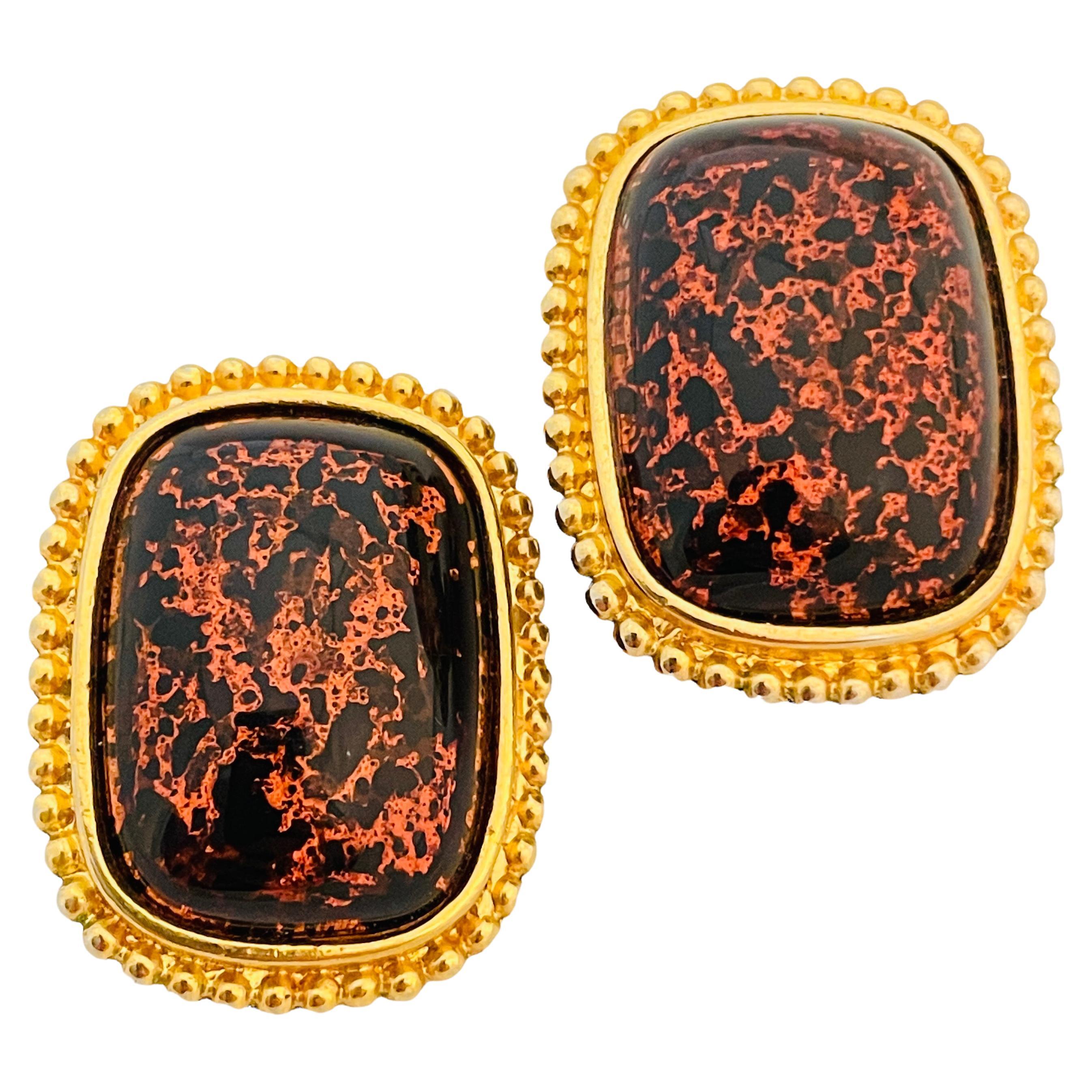 Vtg gold amber glass clip on earrings designer runway For Sale