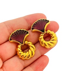 Vtg gold amethyst glass dangle earrings designer runway