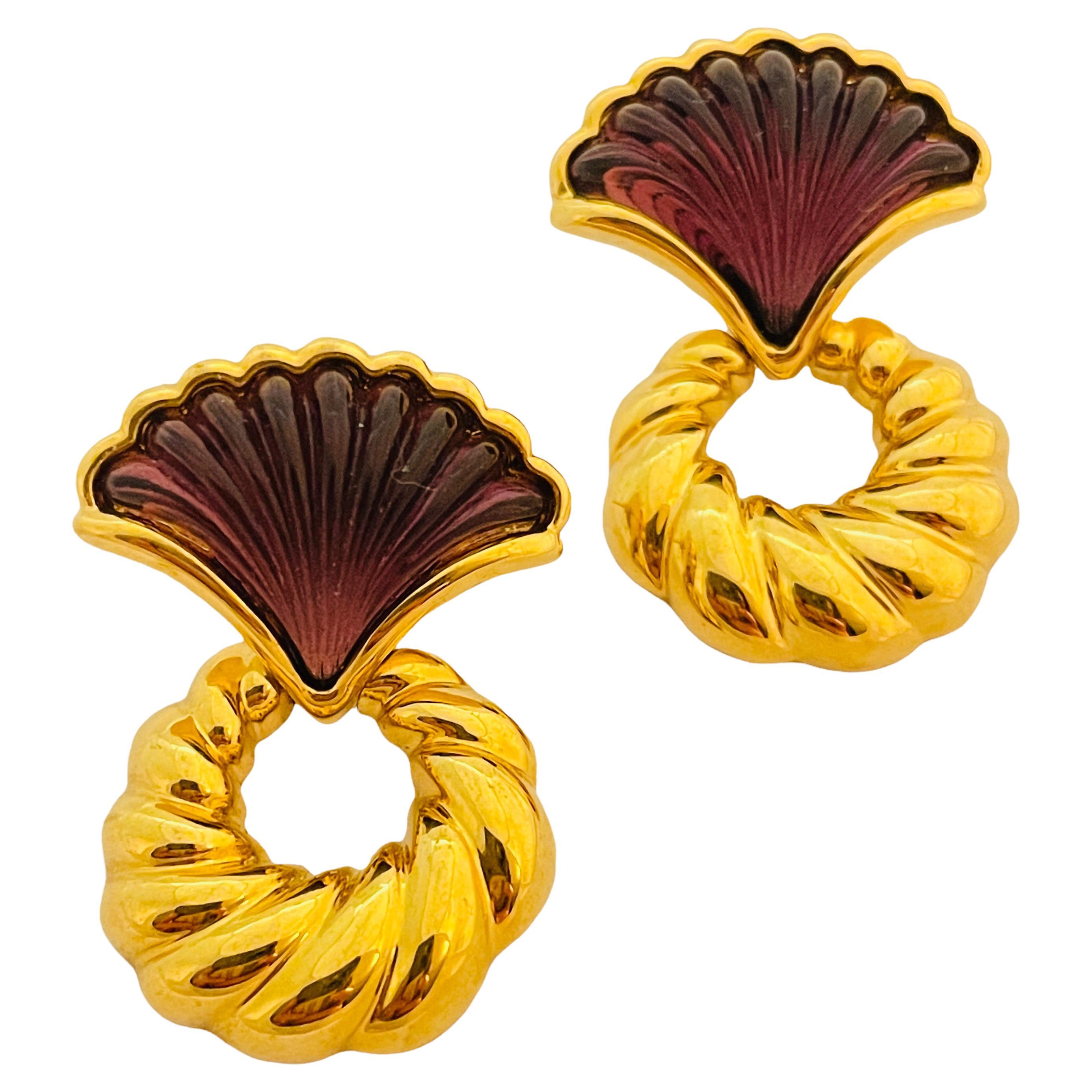 Vtg gold amethyst glass dangle earrings designer runway For Sale