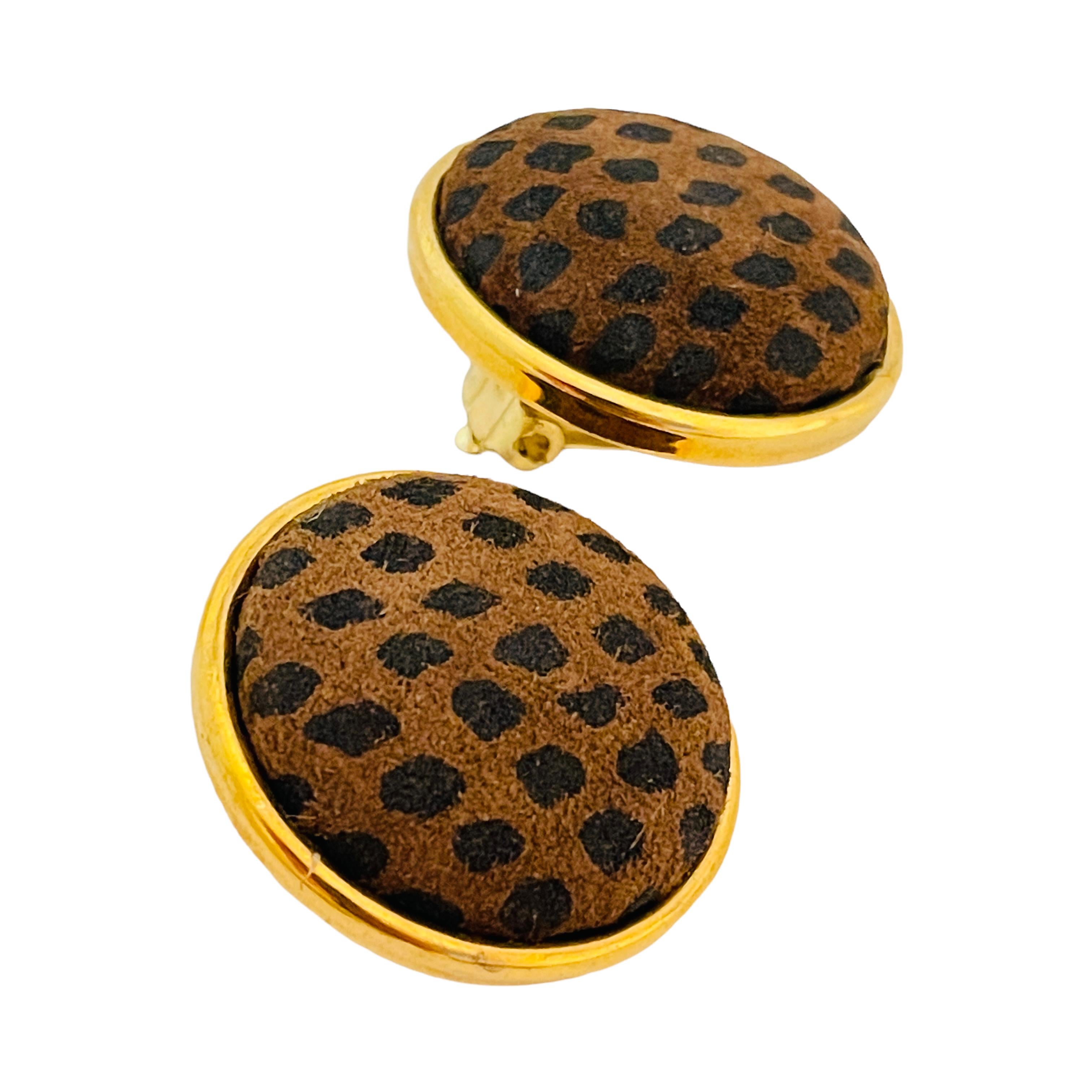 Women's or Men's Vtg gold animal print suede clip on earrings designer runway For Sale