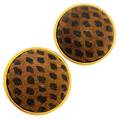 Vtg gold animal print suede clip on earrings designer runway