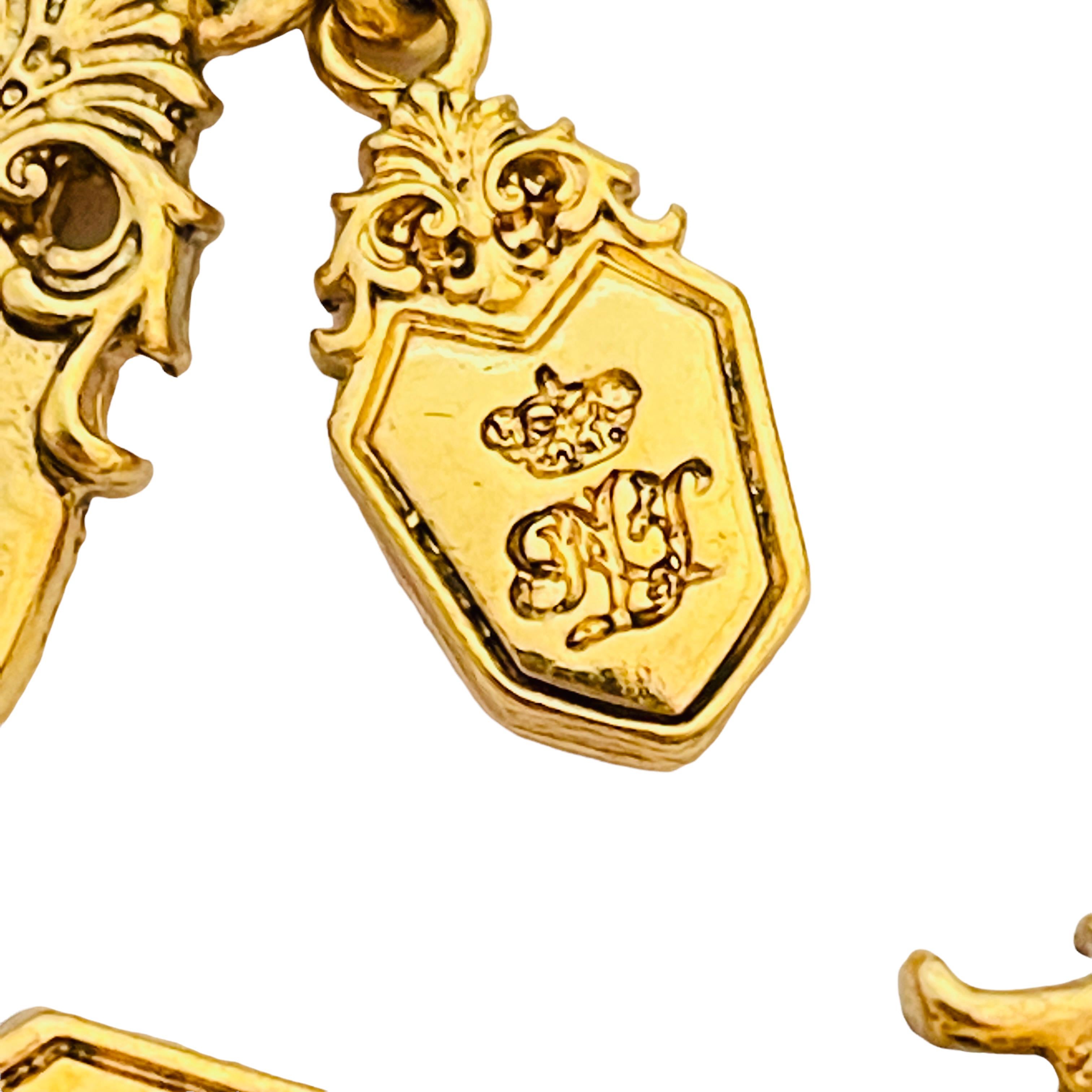Vtg gold black glass necklace earrings bracelet set designer runway In Excellent Condition For Sale In Palos Hills, IL