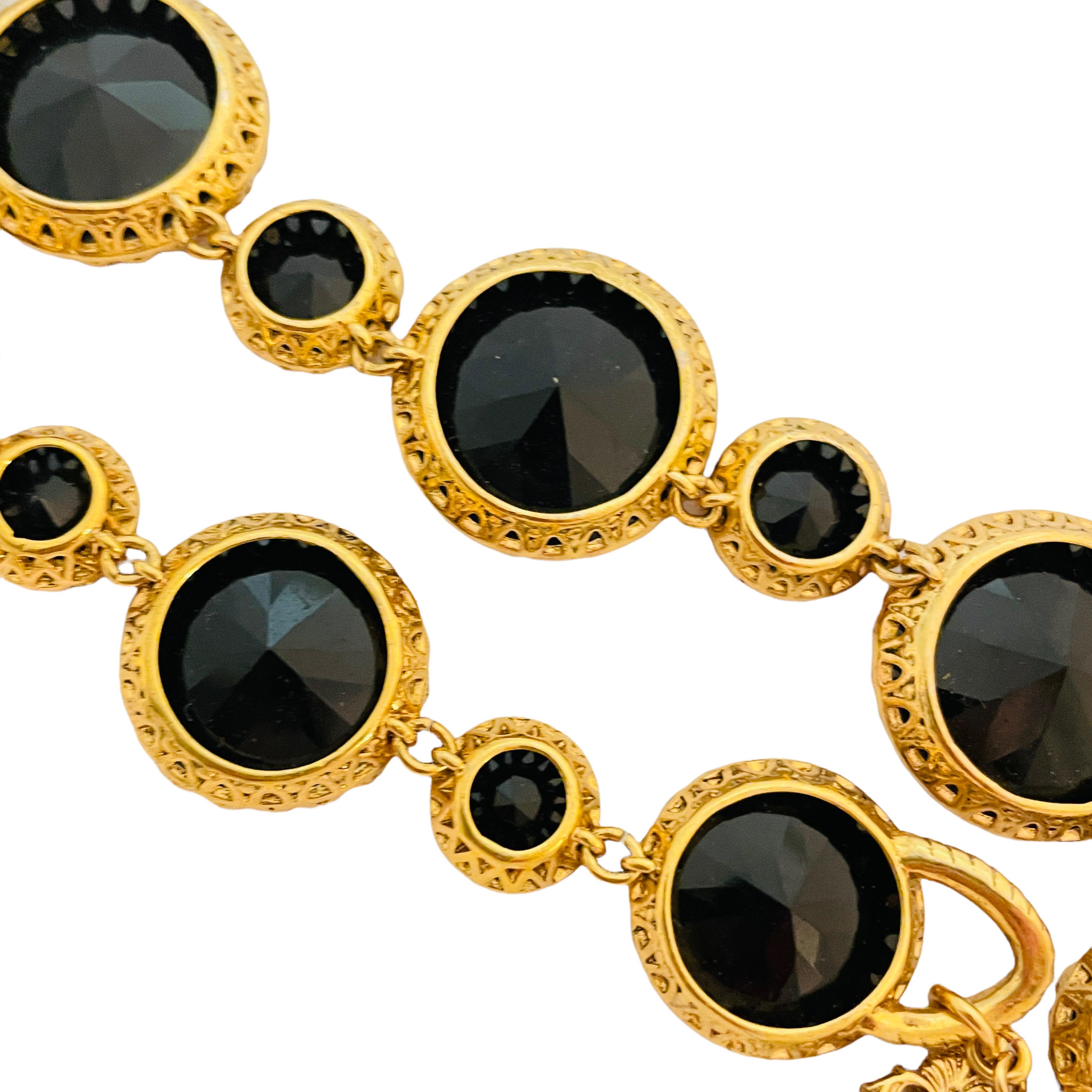 Women's or Men's Vtg gold black glass necklace earrings bracelet set designer runway For Sale