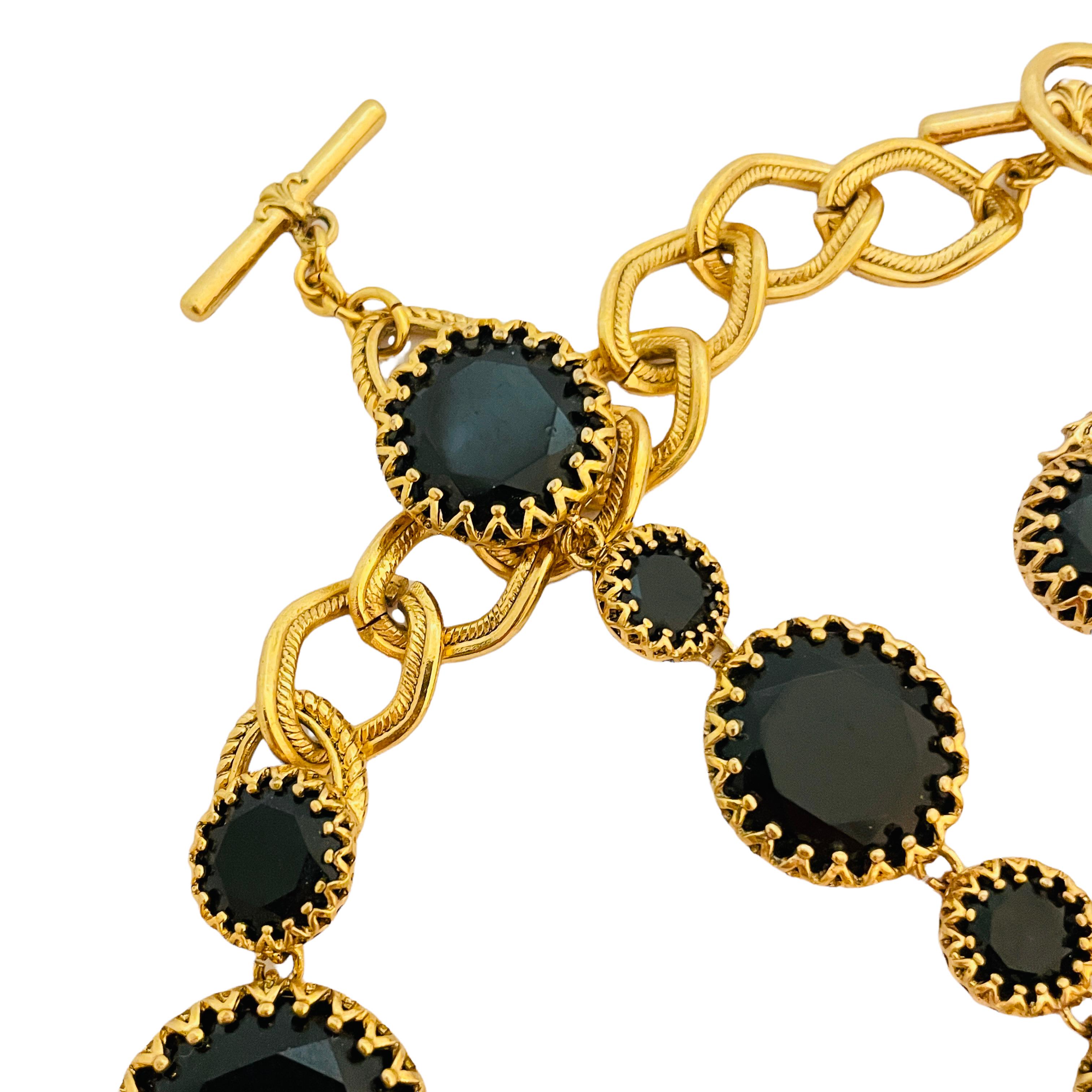 Vtg gold black glass necklace earrings bracelet set designer runway For Sale 1