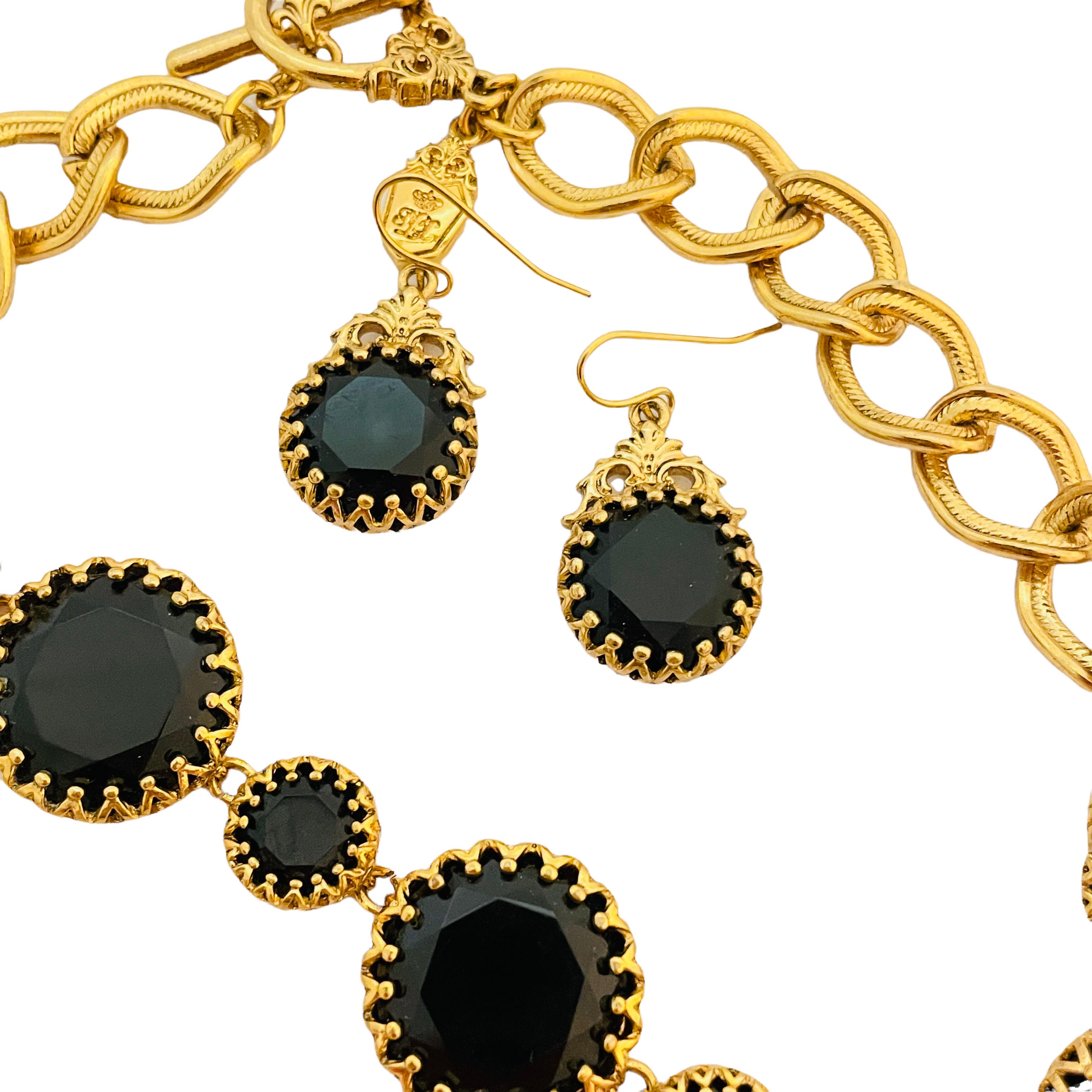 Vtg gold black glass necklace earrings bracelet set designer runway For Sale 2