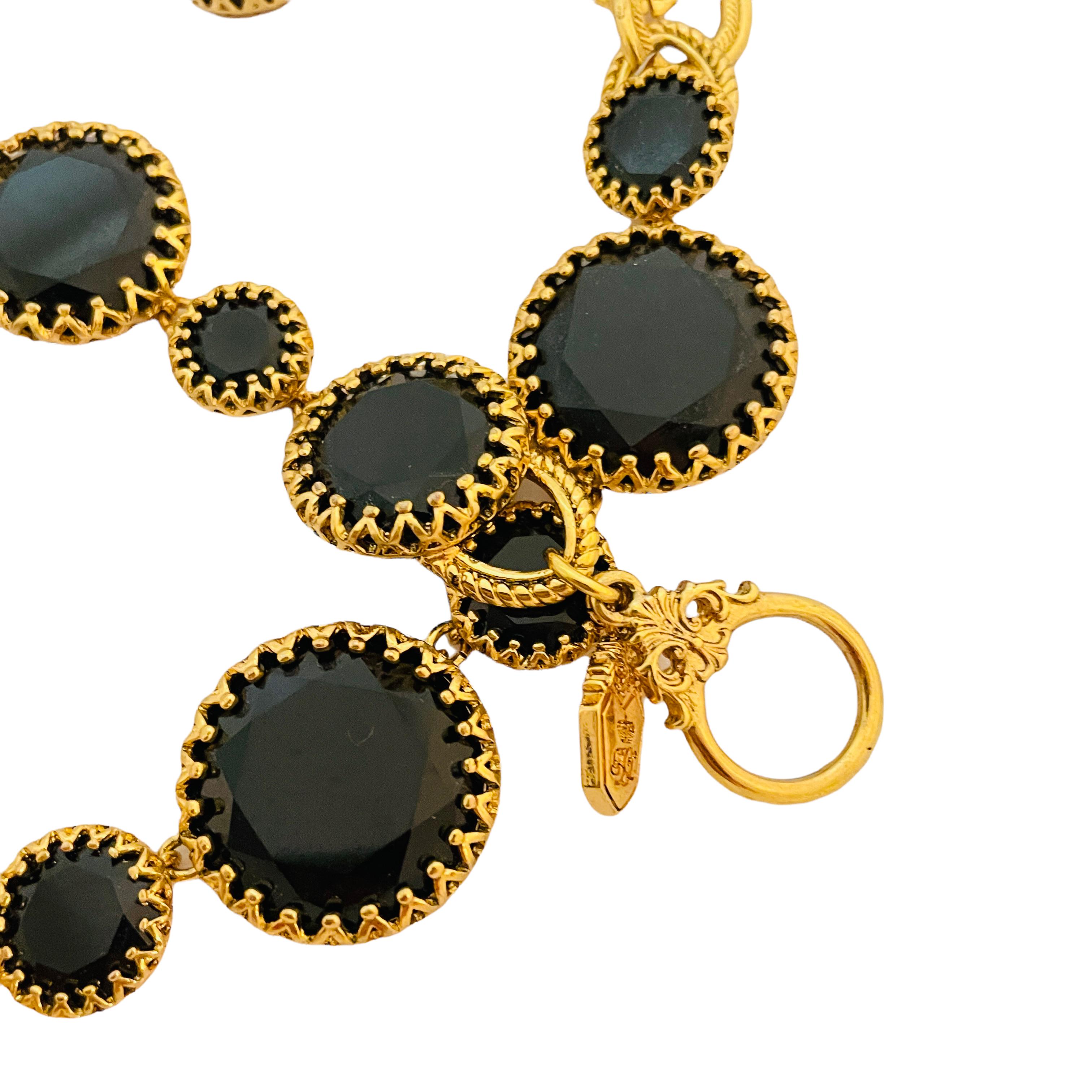 Vtg gold black glass necklace earrings bracelet set designer runway For Sale 3