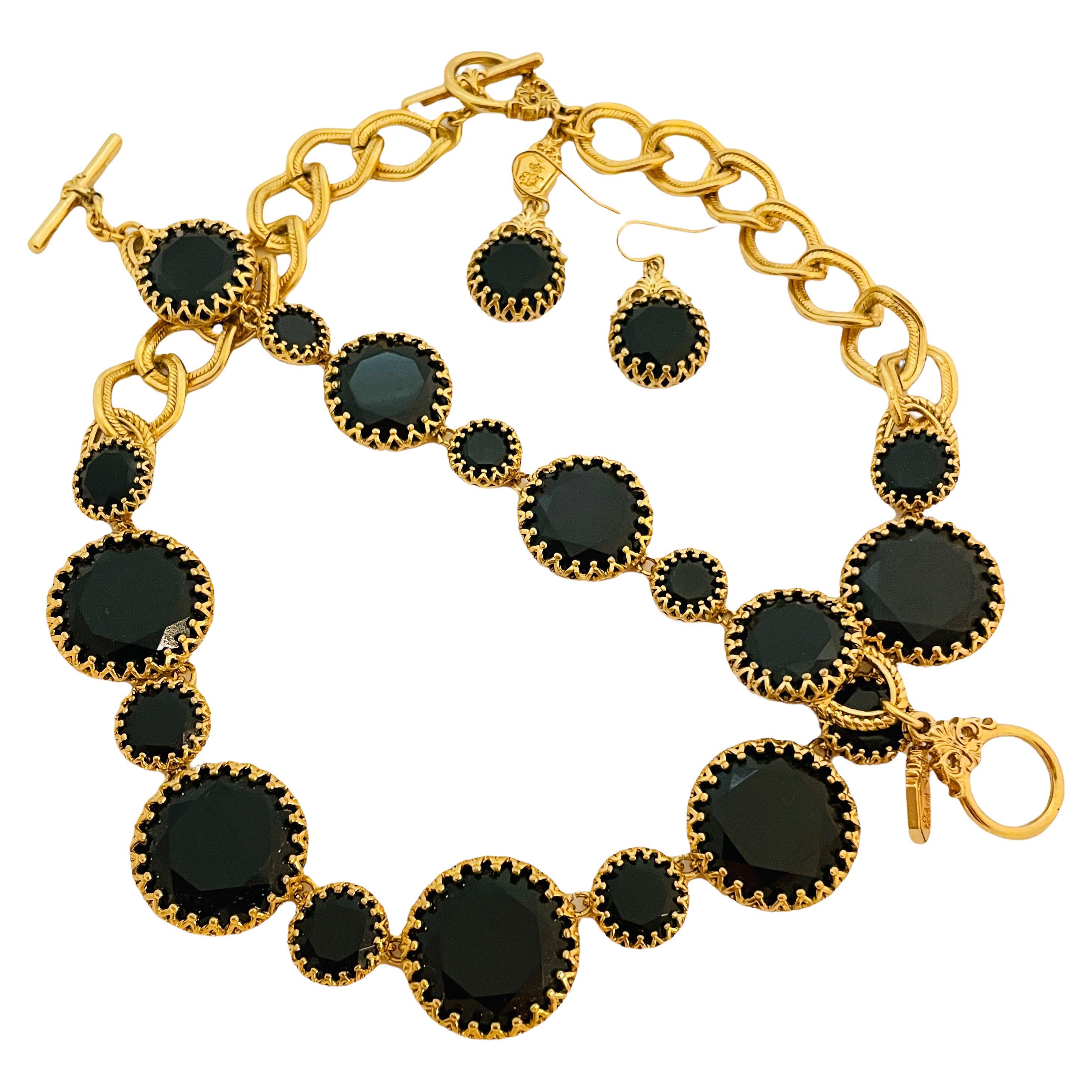 Vtg gold black glass necklace earrings bracelet set designer runway For Sale