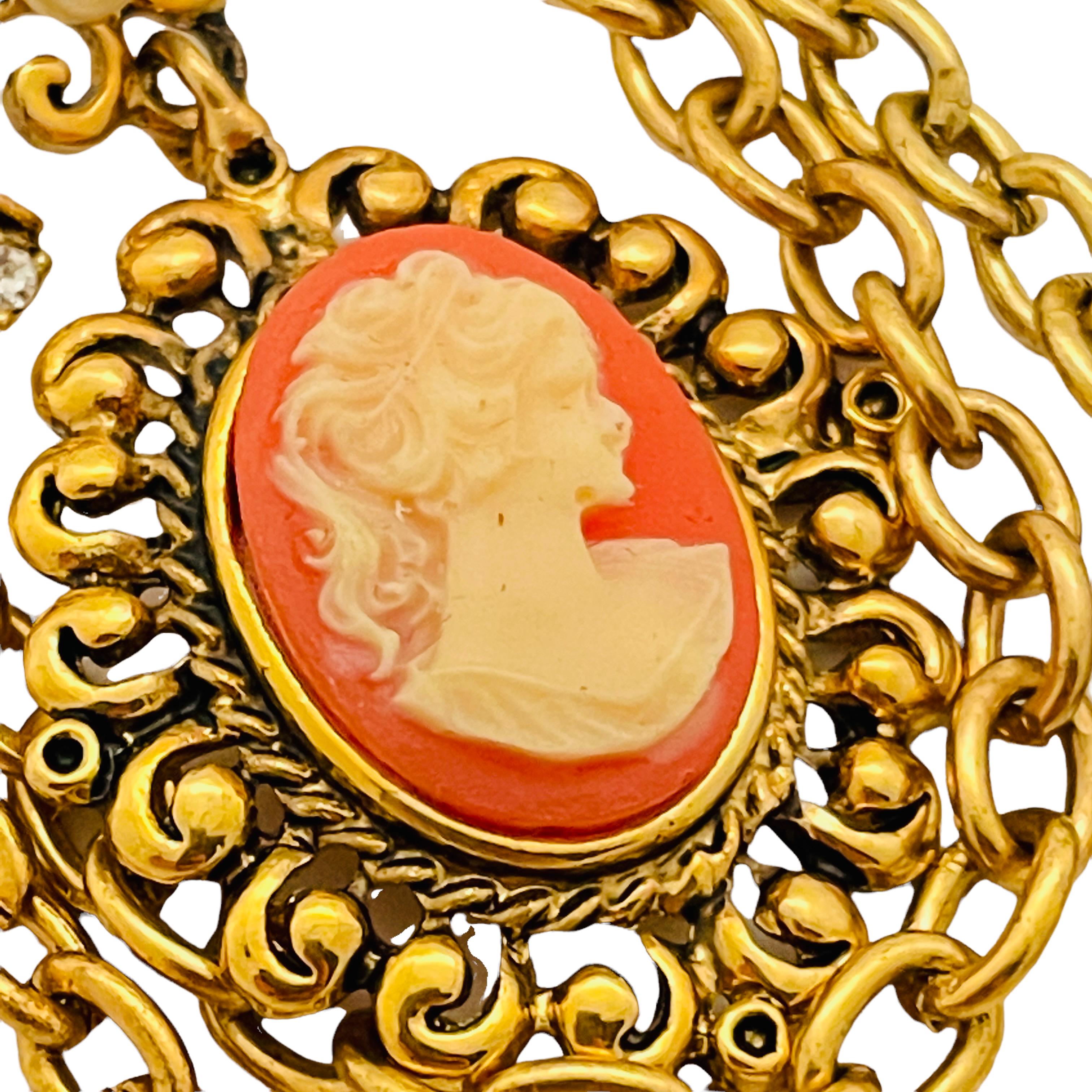 Women's or Men's Vtg gold cameo pearl rhinestone dangle chain designer runway brooch For Sale