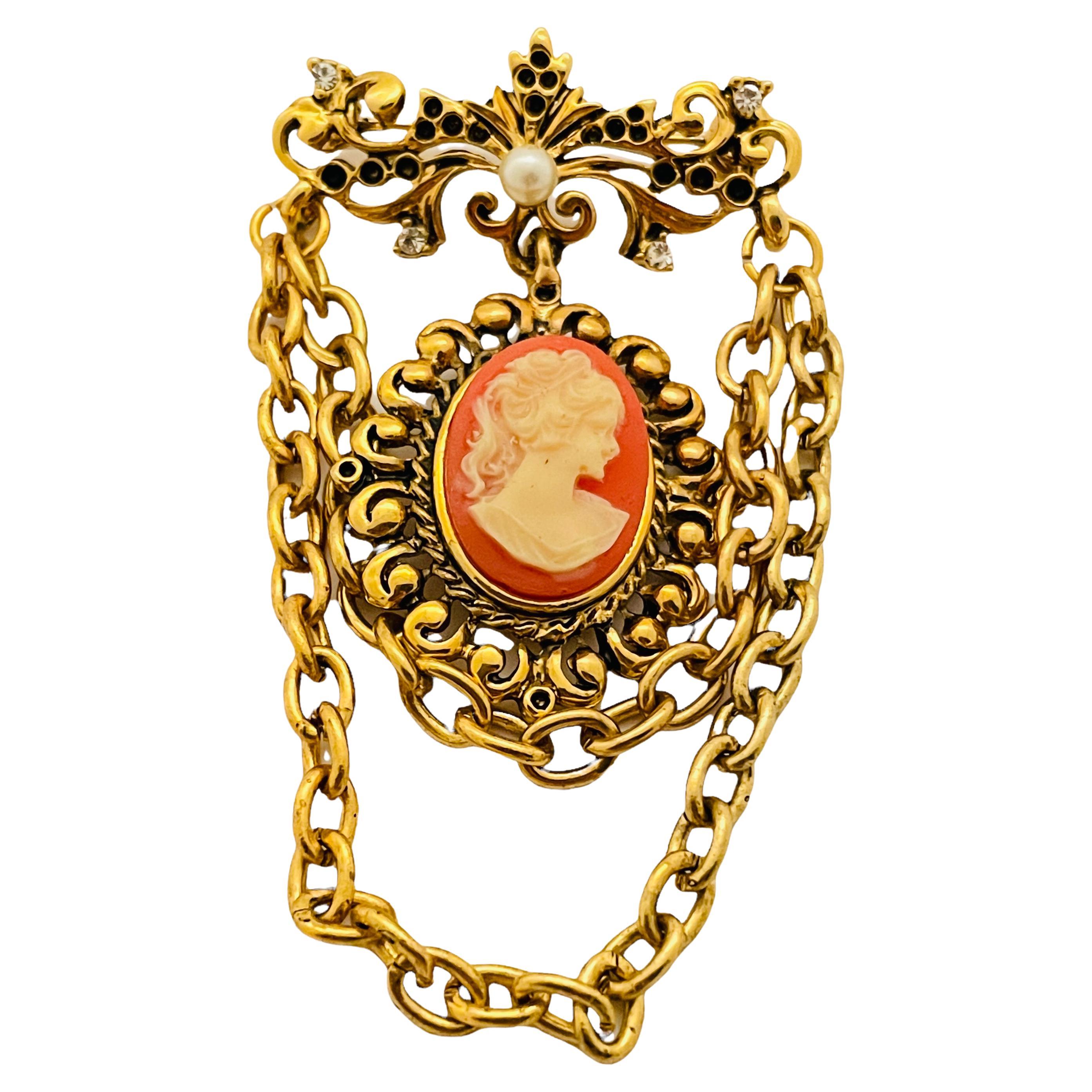 Vtg gold cameo pearl rhinestone dangle chain designer runway brooch For Sale