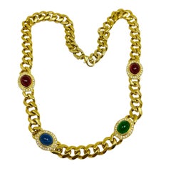 Vtg gold chain glass canochon jewel runway necklace