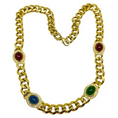 Vtg gold chain glass canochon jewel runway necklace