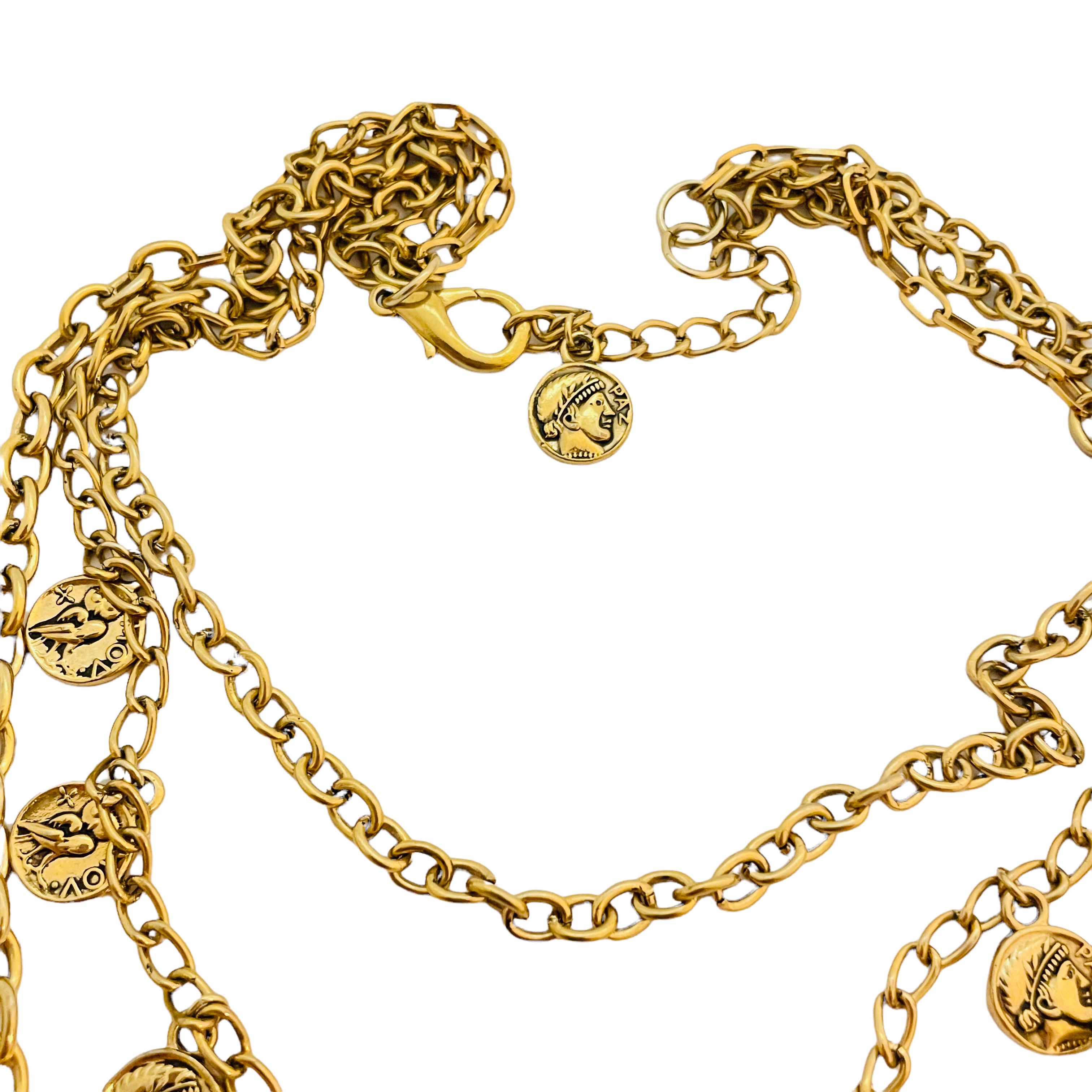 Women's or Men's Vtg gold coin charm chain necklace designer runway For Sale