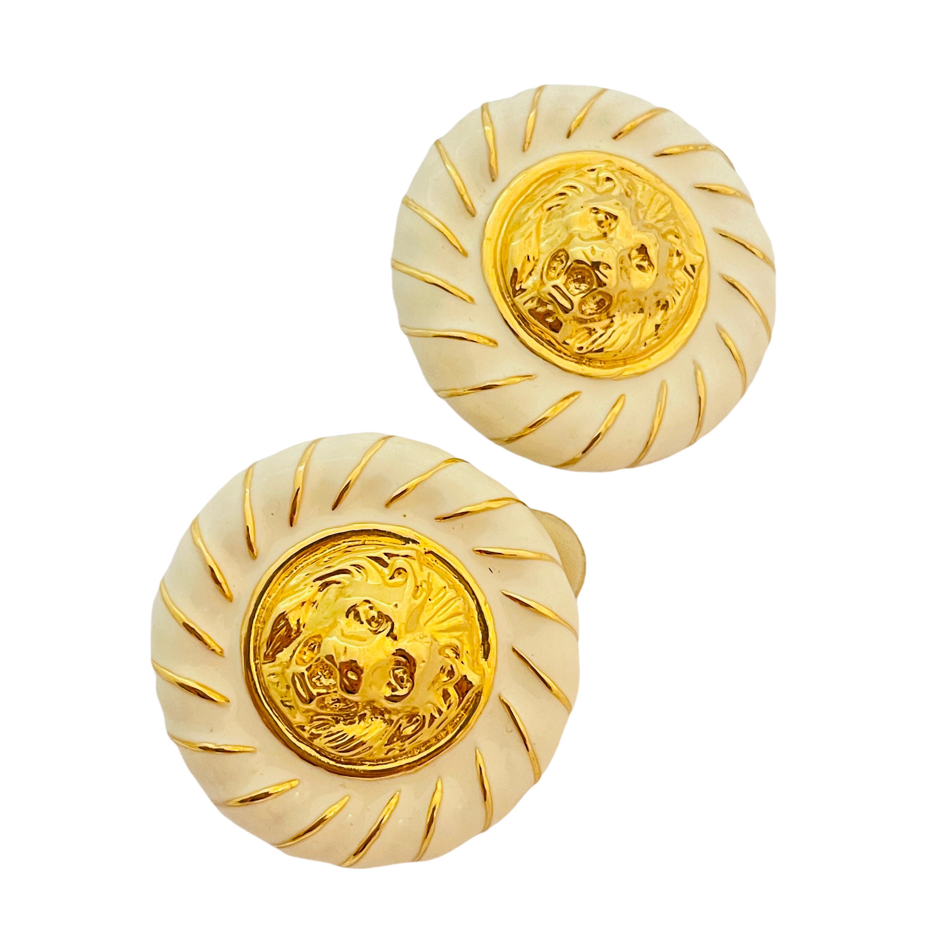 Women's or Men's Vtg gold enamel lions head massive clip on earrings designer runway For Sale