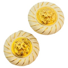 Vtg gold enamel lions head massive clip on earrings designer runway