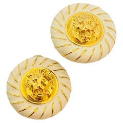 Vintage Vtg gold enamel lions head massive clip on earrings designer runway