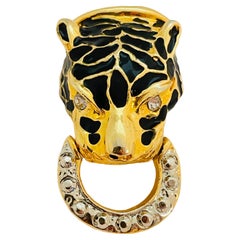 Vtg gold enamel rhinestone eyes door knocker panther designer runway brooch