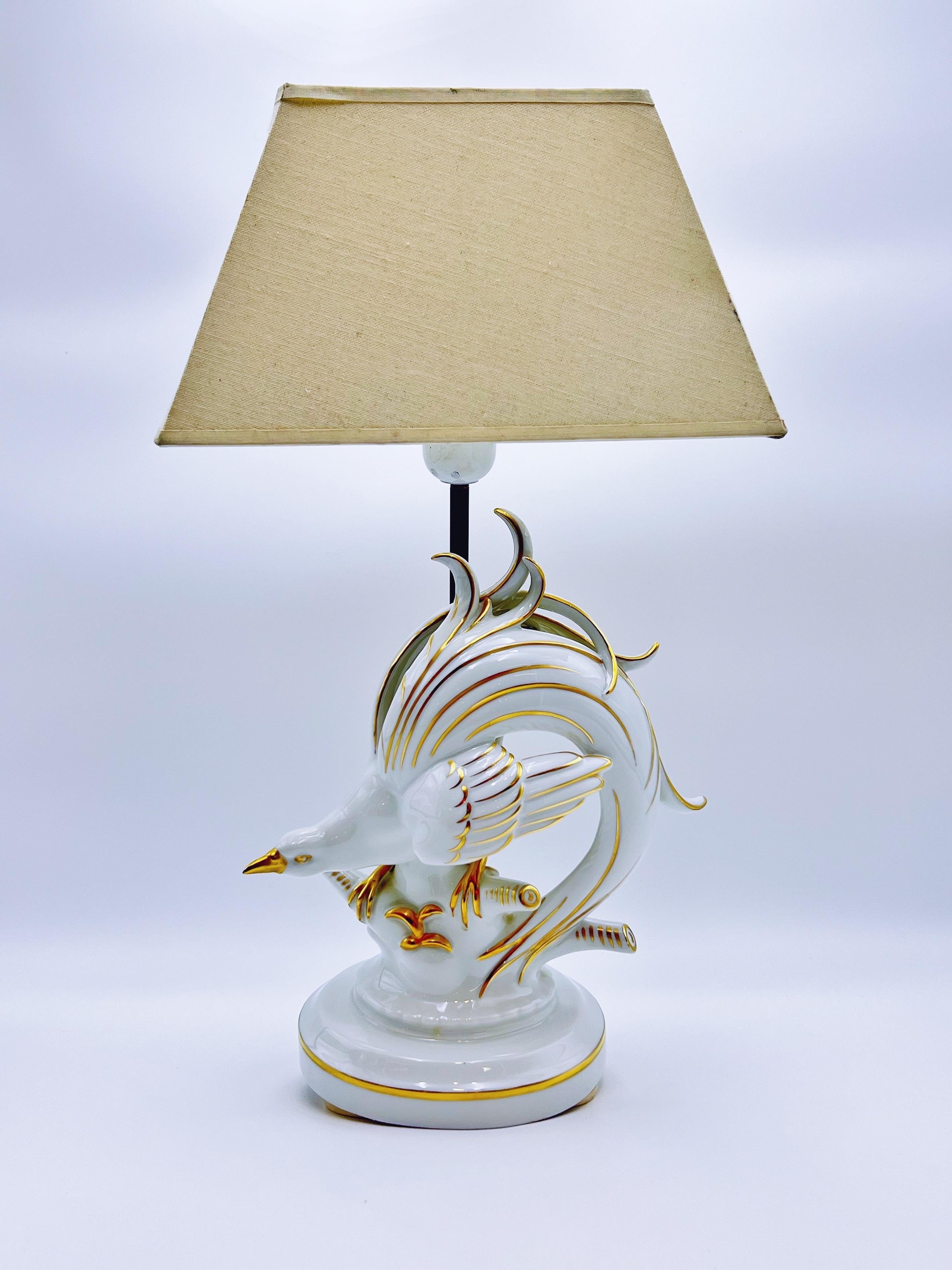VTG Fasanen-Tischlampe, Gold vergoldetes Porzellan, Deutschland 1950/60er Jahre (Art déco) im Angebot