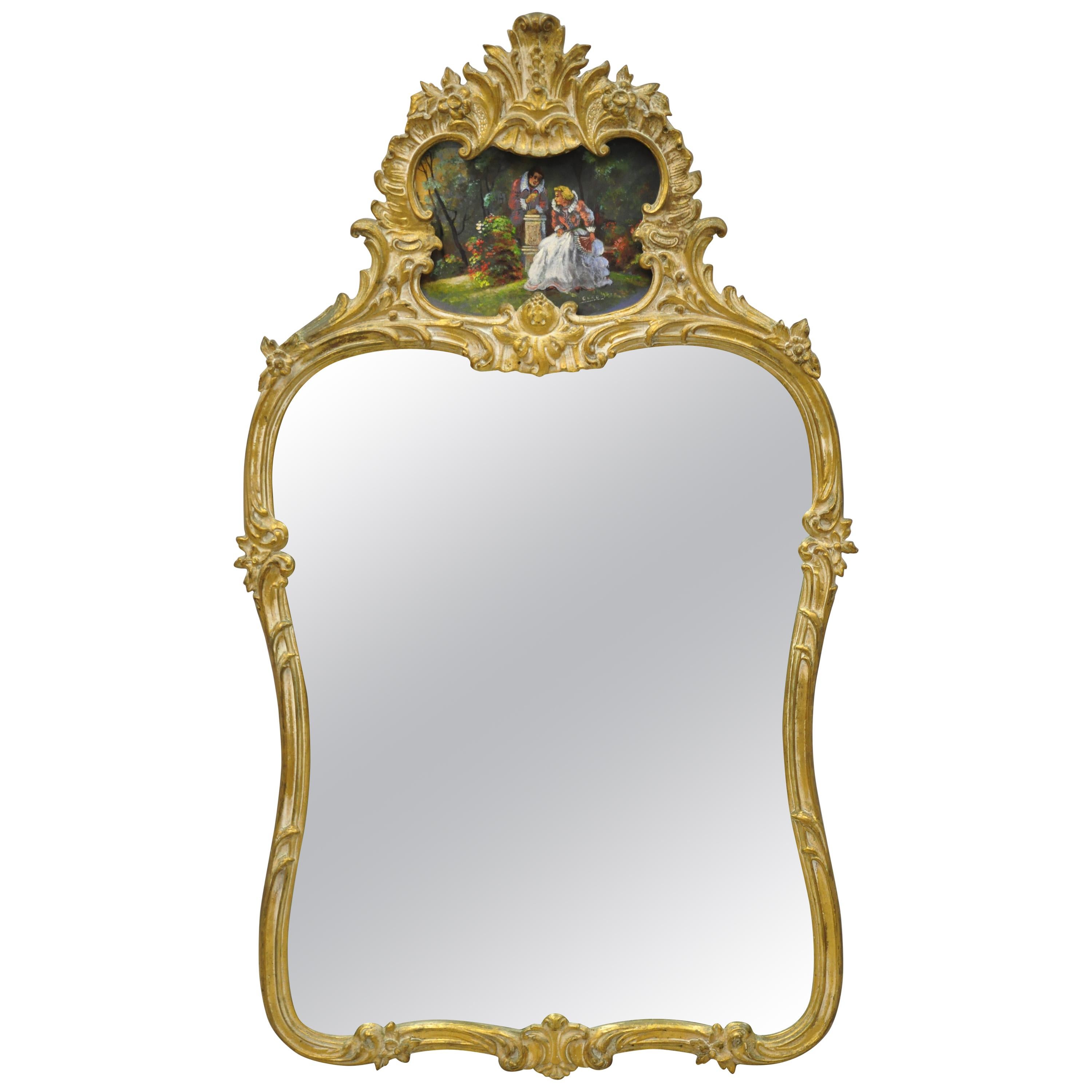 Gold Giltwood French Victorian Style Wall Mirror with Painted Courting Scene For Sale