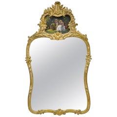 Miroir mural de style victorien français en bois doré avec scène de courtoisie peinte