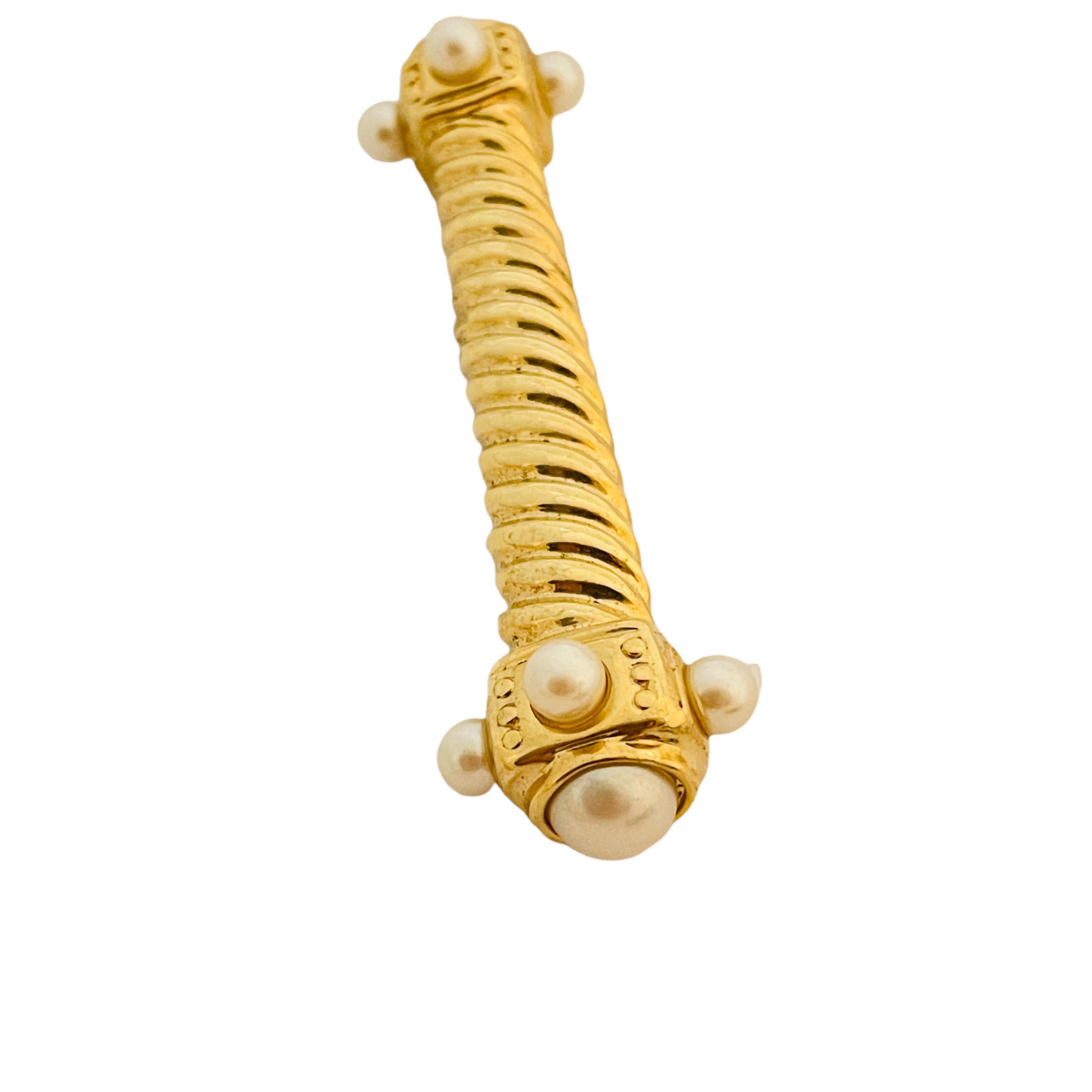 Vtg Broche de créateur de défilé en or avec barre de perles Unisexe en vente