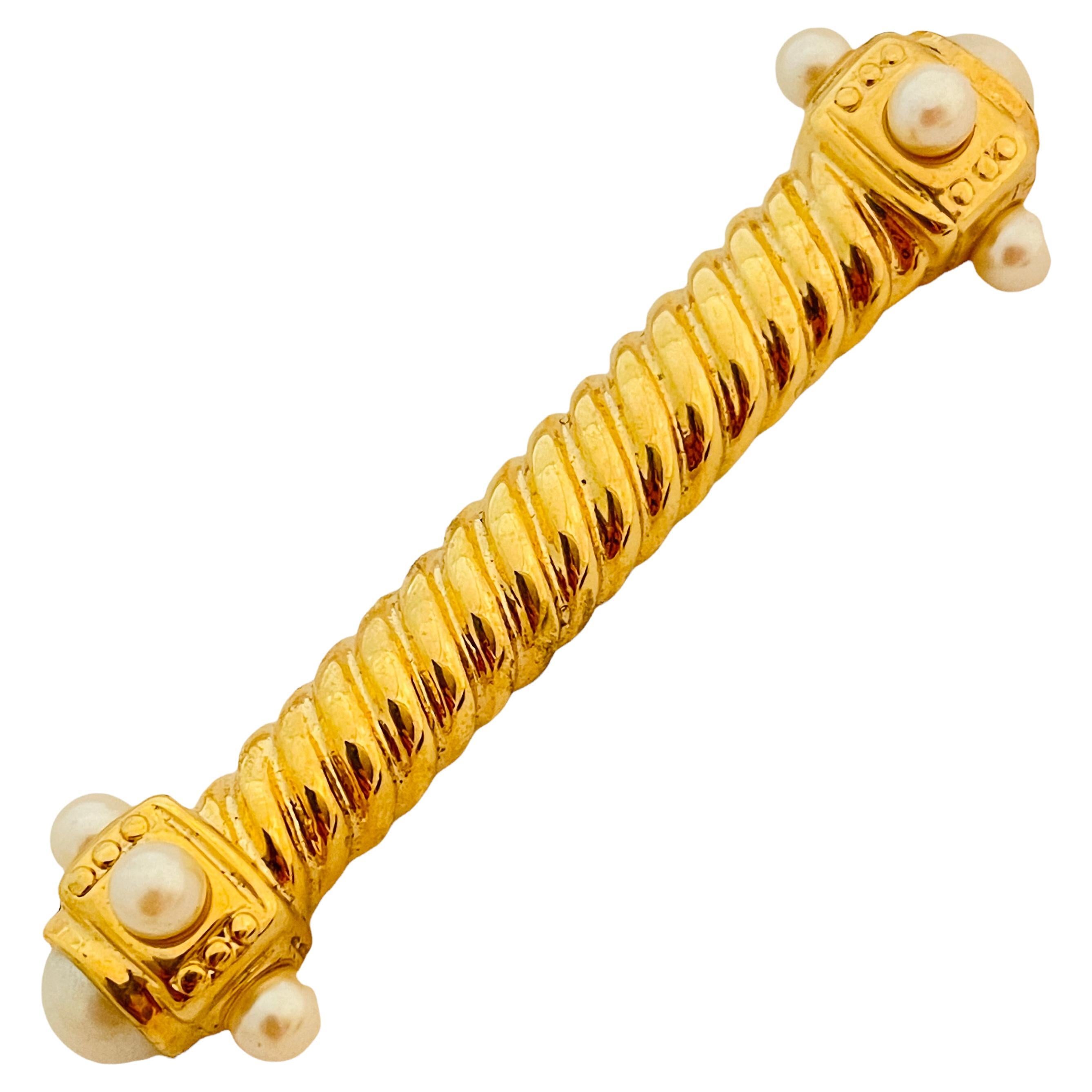 Vtg Broche de créateur de défilé en or avec barre de perles en vente
