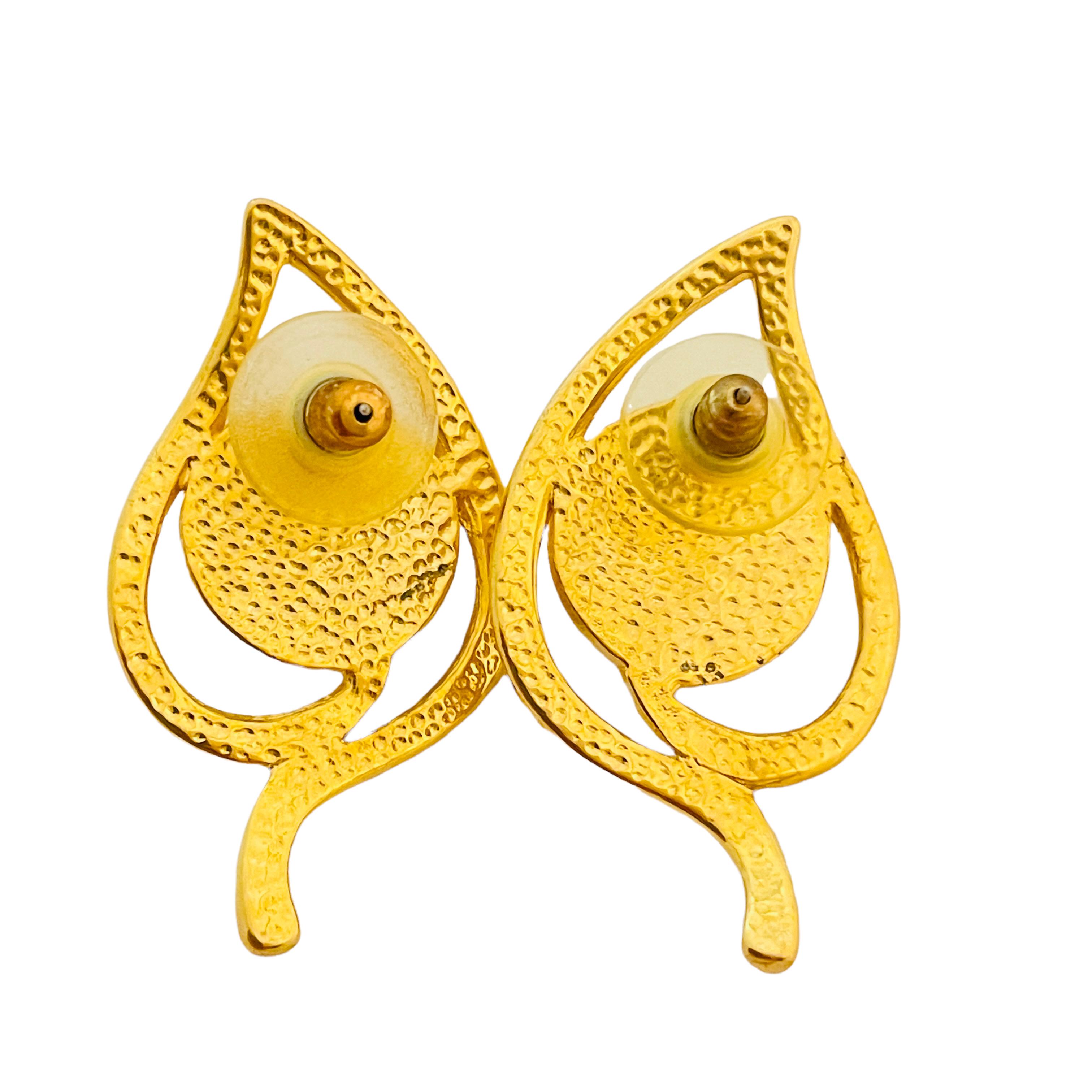 Vtg Gold Perlenblatt-Ohrringe Designer Laufsteg-Ohrringe im Zustand „Gut“ im Angebot in Palos Hills, IL