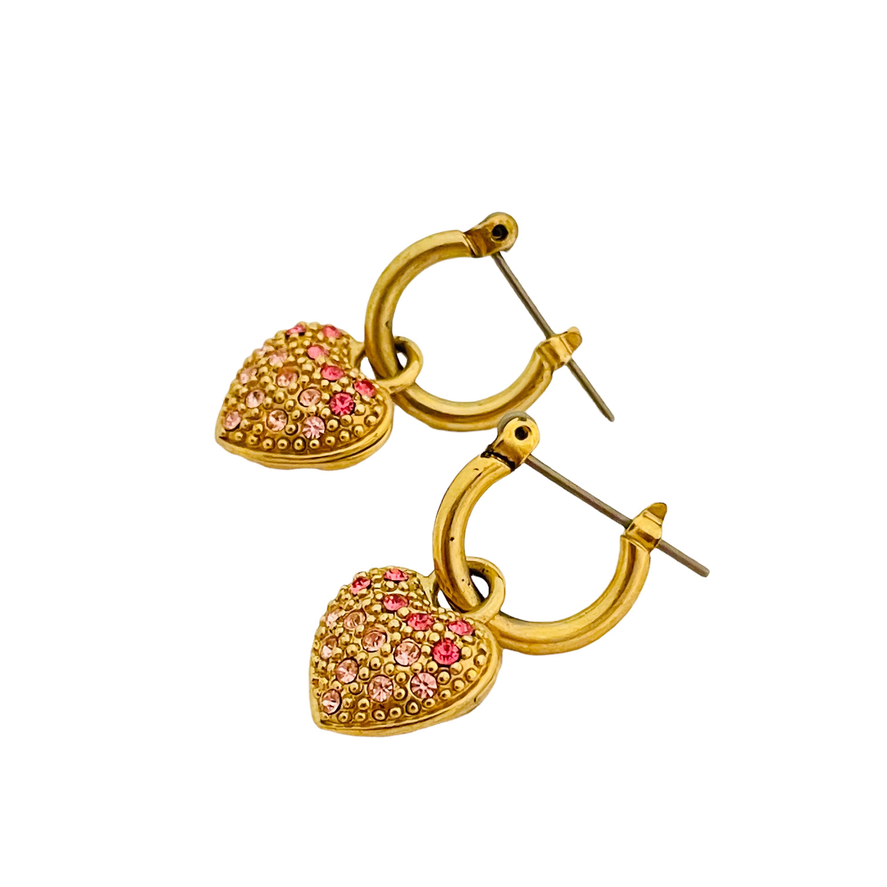 Women's or Men's Vtg gold pink rhinestone dangle heart pierced earrings For Sale