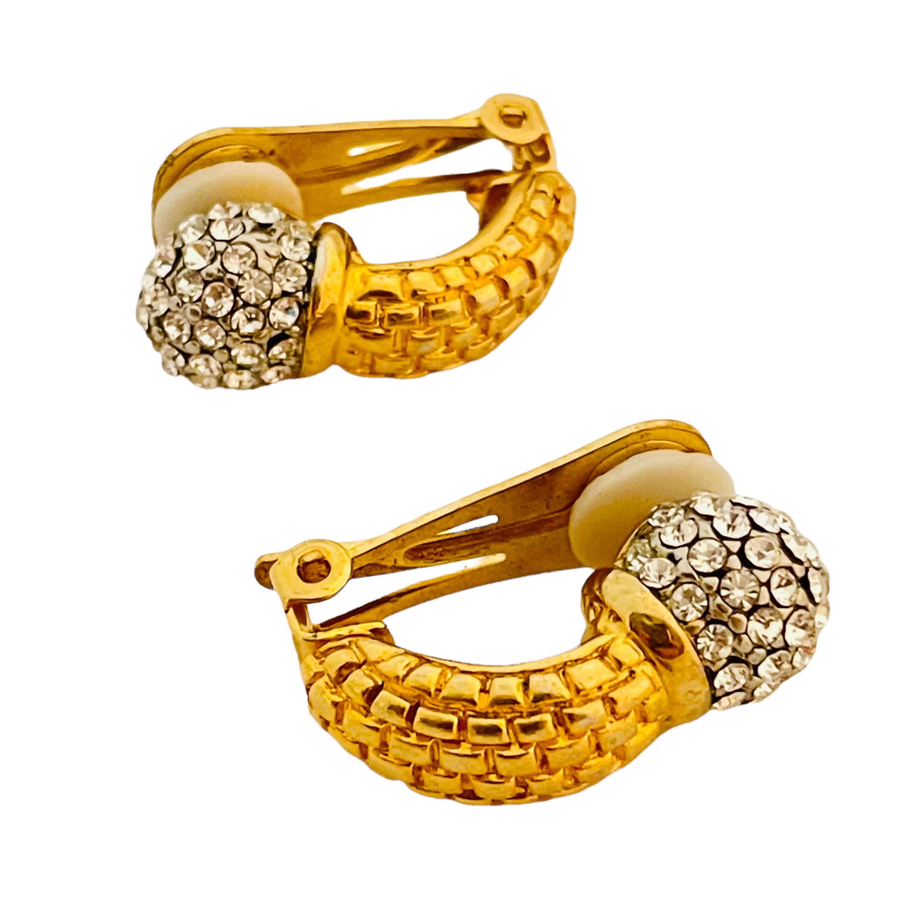 Vtg gold rhinestone disco ball clip on earrings designer runway In Good Condition In Palos Hills, IL
