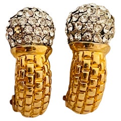 Vtg gold rhinestone disco ball clip on earrings designer runway